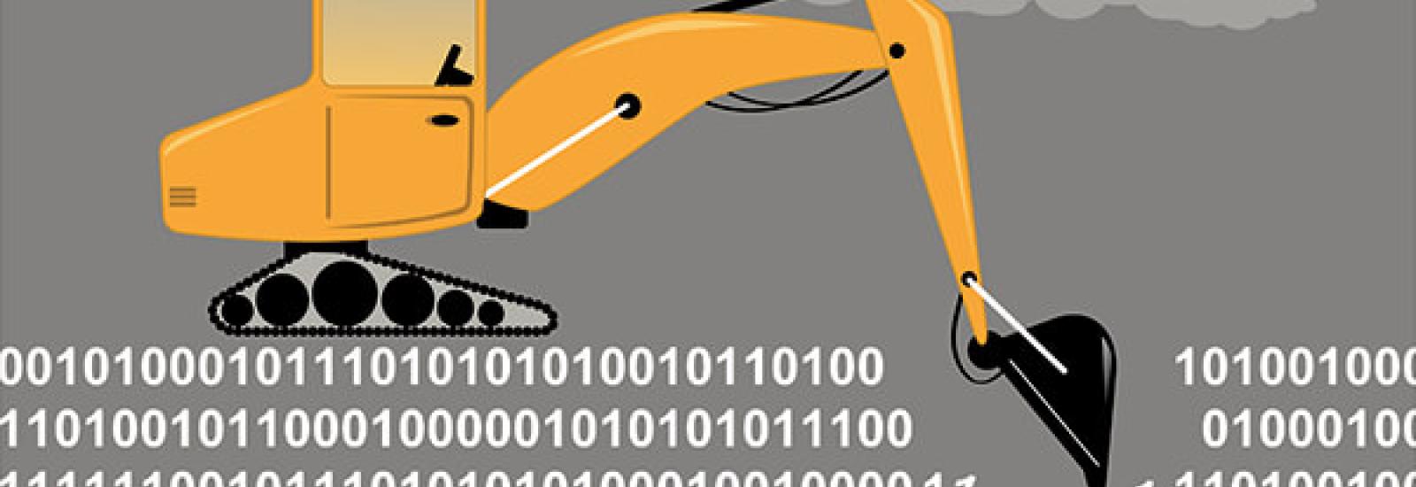 Bagger gräbt in Daten (Quelle: Shutterstock - https://www.shutterstock.com/image-vector/excavator-digging-through-binary-code-metaphor-513585007)