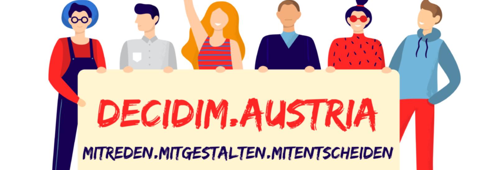 Menschen halten Decidim.Austria-Banner.