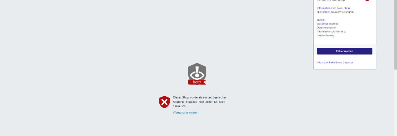 Vorsicht Fake-Shop! Fake-Shop Detector warnt vor betrügerischem Onlineshop.