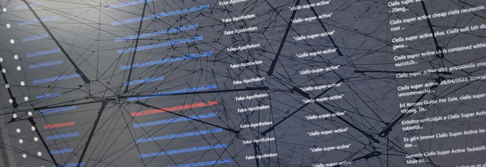 Screenshot unseres Crawlers, darüber ein transparents Bild eines Netzes