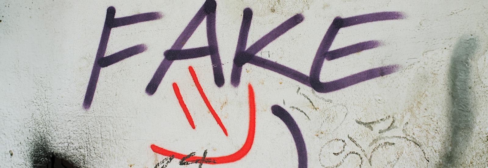 Eine graue Häuserwand, auf der in lila Farbe "FAKE" steht und darunter in roter Farbei ein Smiley gezeichnet ist