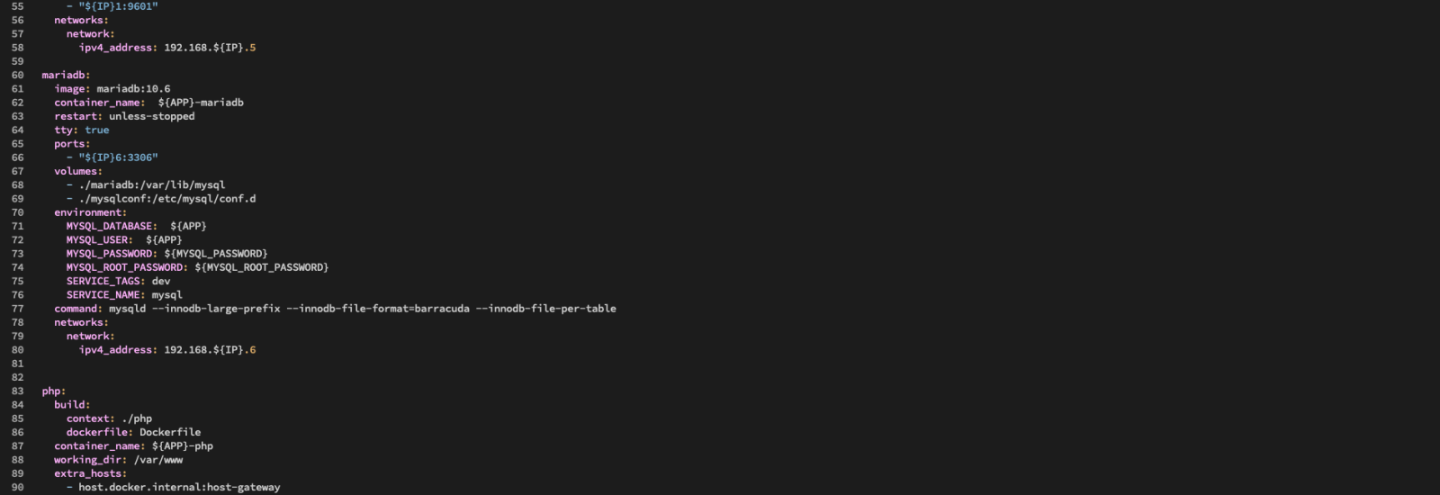 Code lines of a docker compose file in the vim editor