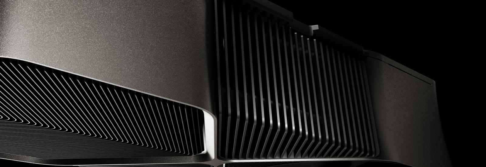 Graphics card, NVIDIA RTX 4090, close-up photo from below showing casing, passive and active cooling facilities.