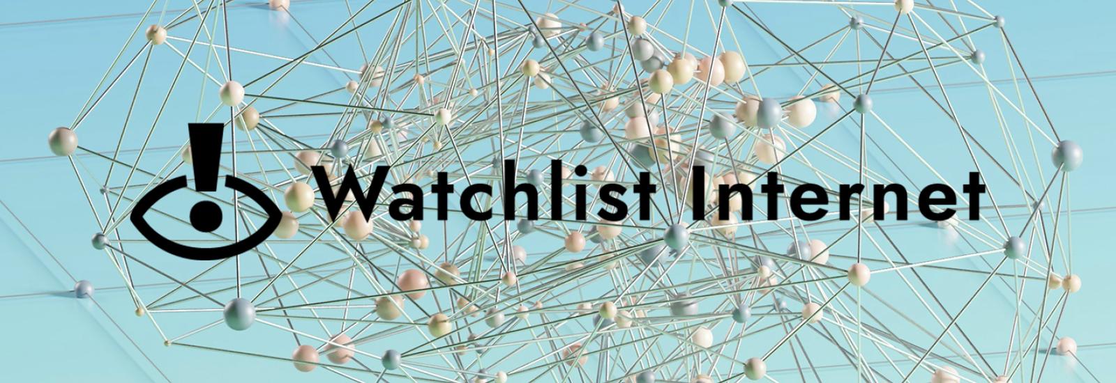 schwarzes Watchlist Internet Logo auf einem blauen Hintergrund mit Knoten und Verbindungen, die ein neuronales Netzwerk symbolisieren