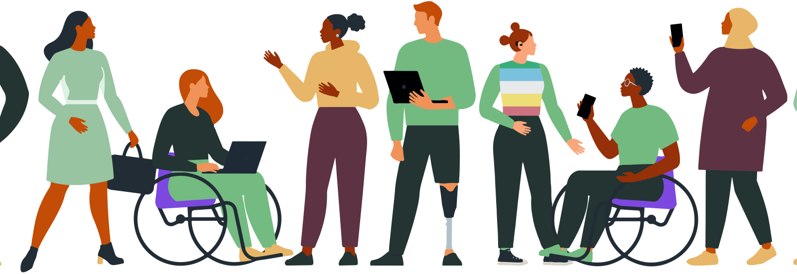 Eine Illustration von 11 Personen, die miteinander kommunizieren. Zwei Personen nutzen einen Rollstuhl. Eine Person nutzt eine Beinprothese. Eine Person gebärdet.