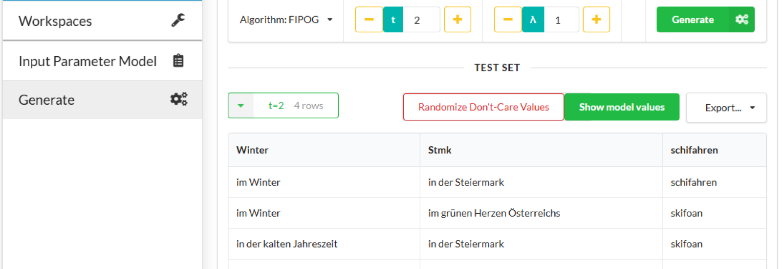 This image shows a screenshot of the generated pairwise test set for the sentence model used in this blog post by the web version of CAgen. 