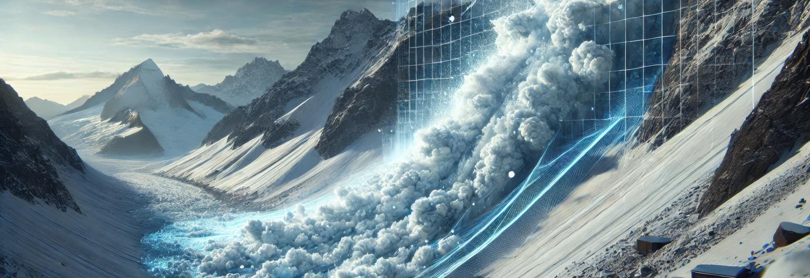 AI erzeugtes Sinnbild für eine Lawine im Alpenbereich. Kein Produktscreenshot!