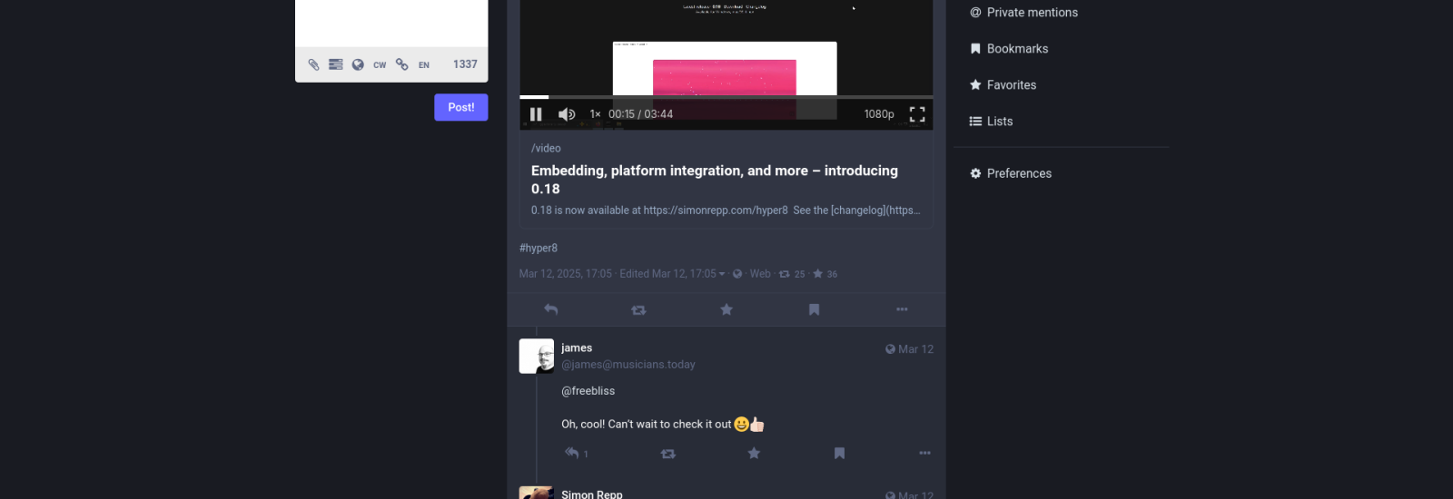 Veröffentlichungspost von Hyper 8 auf Mastodon, man sieht (unter anderem) einen eingebetteten Videoplayer in der Timeline. Der erste Kommentar ist auch noch im Bild und besagt "Oh, cool! Can't wait to check it out"
