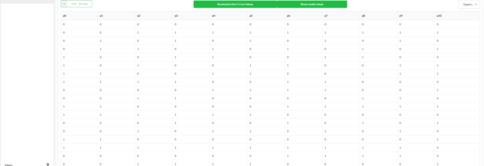 This picture shows a Covering Array in the web-version of CAgen.