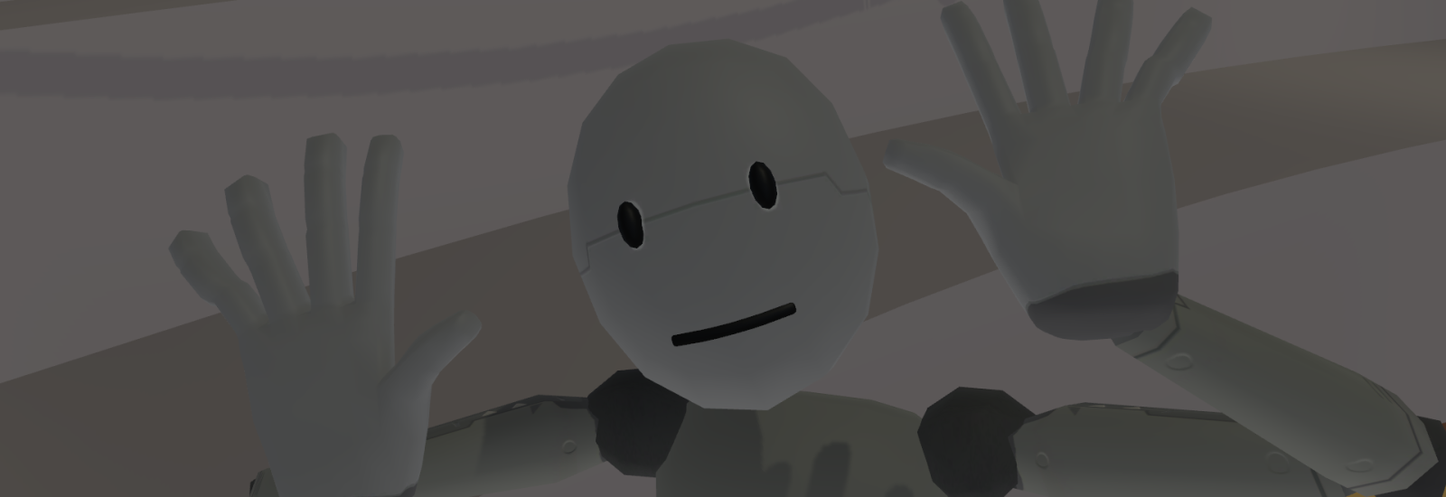 Ein freundlich aussehender humanoider Roboter mit einem einfachen Gesicht, das zwei schwarze ovale Augen und ein kleines Lächeln aufweist. Der Roboter hat die Hände vor sich erhoben, die Handflächen zeigen nach außen, als ob er winken würde. Der Hintergrund ist abstrakt und sanft beleuchtet.