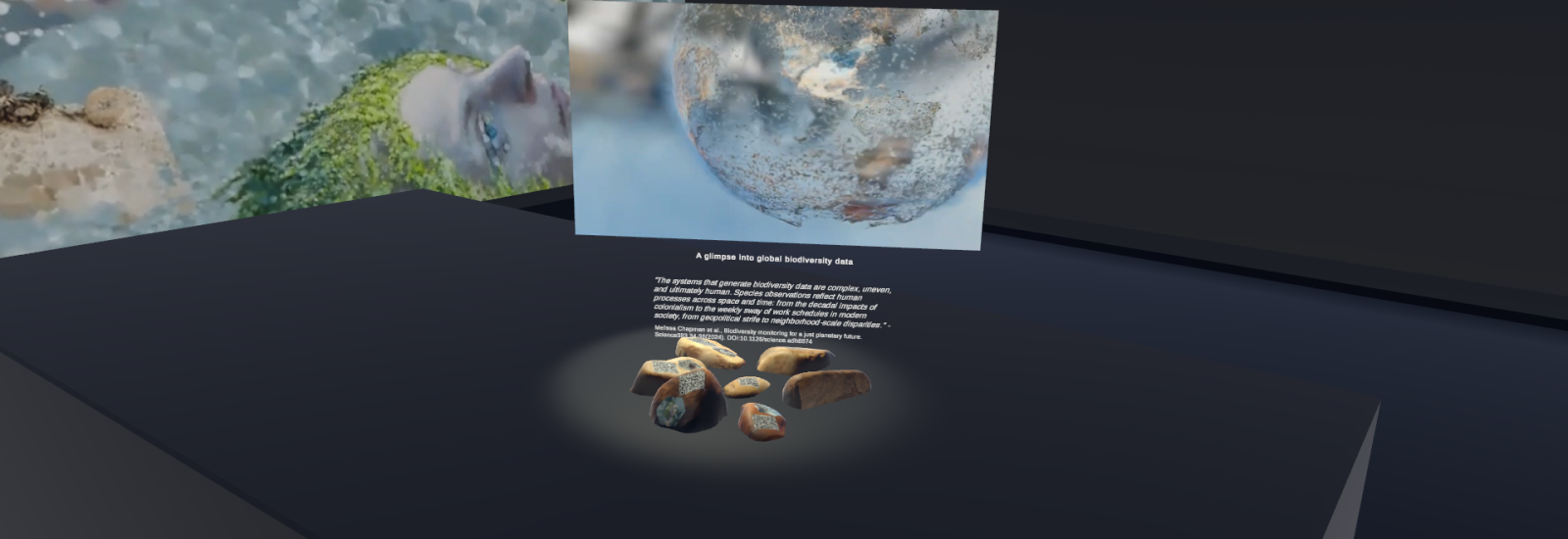 Ein digitales Ausstellungsdisplay, das ein Thema zu globalen Biodiversitätsdaten präsentiert. In der Mitte befindet sich ein schwebendes Bild einer Weltkugel mit einer verschwommenen, halbtransparenten Textur, die die biologische Vielfalt darzustellen scheint. Unter der Weltkugel steht ein Zitat, das die Komplexität und den menschlichen Einfluss auf die Daten zur biologischen Vielfalt beschreibt. Die Ausstellung befindet sich in einem dunklen, immersiven virtuellen Raum.