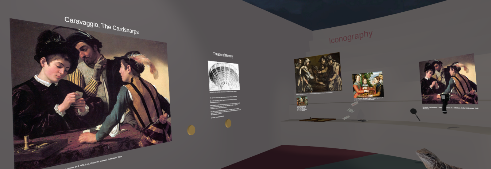 Virtual gallery featuring Caravaggio's 'The Cardsharps' with accompanying educational panels and comparative artworks, under a dark sky. A lizard sits on a pedestal in the foreground on the right side of the picture and looks closely at the Caravaggio.