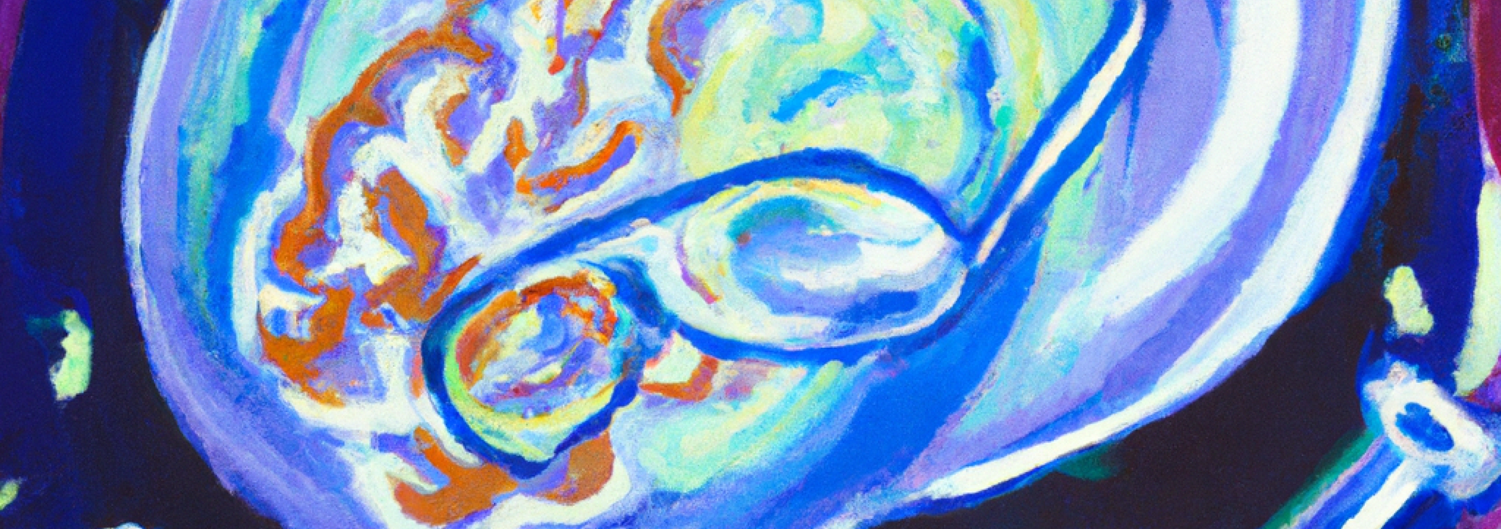 An abstract painting of a brain in space doing chemistry with vials and glasses - generated with Dall-E