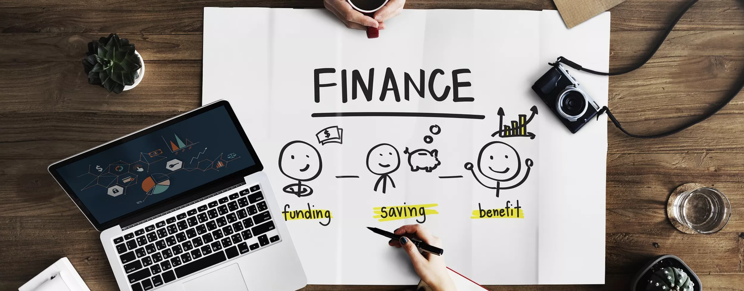 Arbeitsplatz mit Plakat Finance