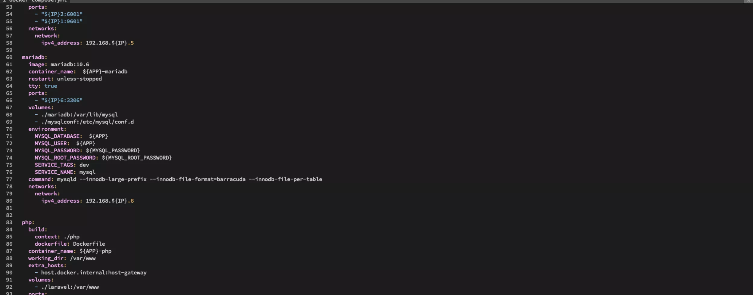Code lines of a docker compose file in the vim editor