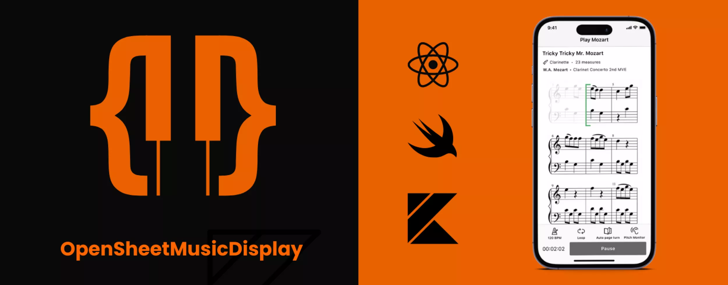 Logos von OSMD, React NAtive, Swift und Kotlin sowie Smartphone Screen mit Musiknoten