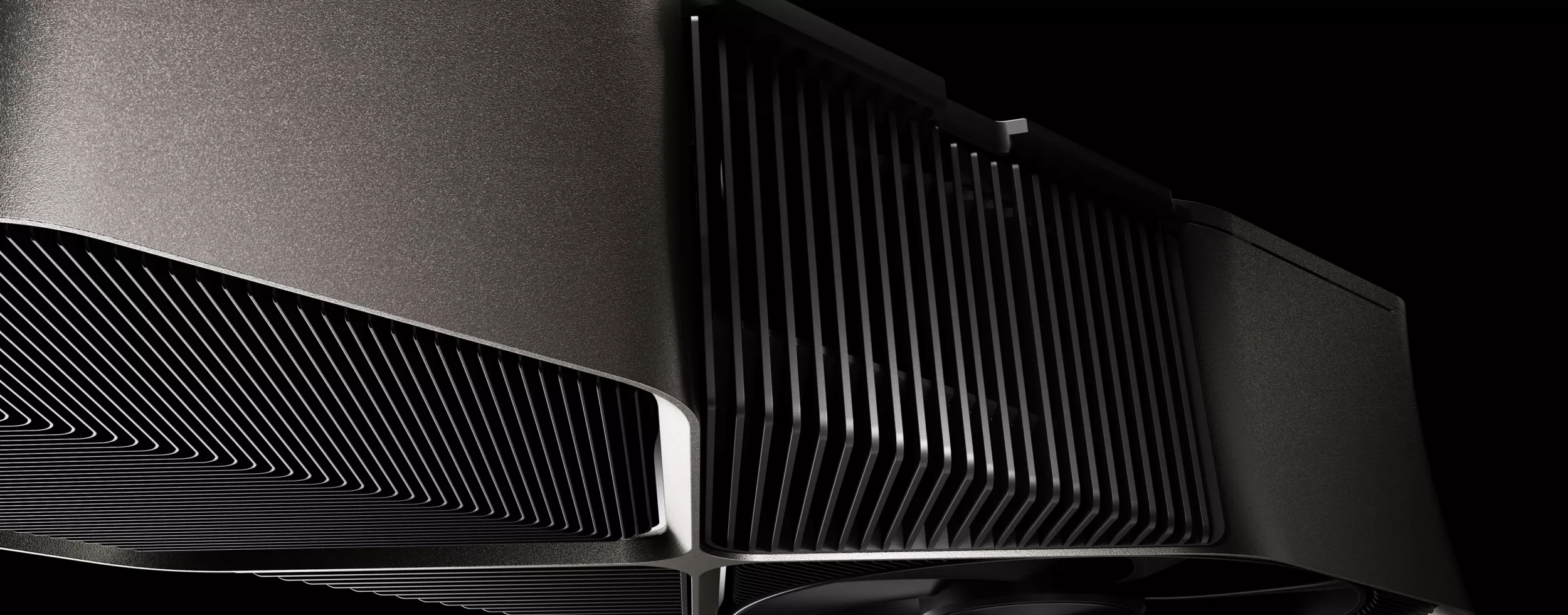 Graphics card, NVIDIA RTX 4090, close-up photo from below showing casing, passive and active cooling facilities.