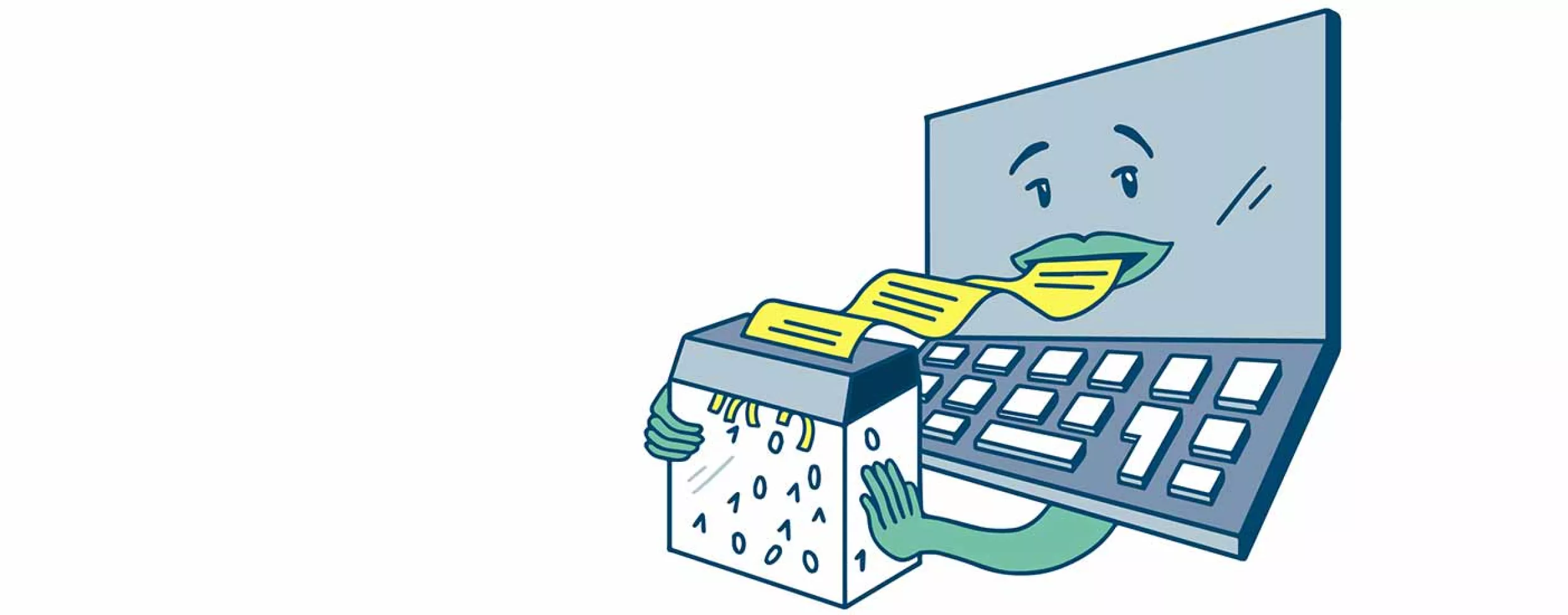 Das Bild zeigt eine Cartoon-Illustration eines Computers mit einem freundlichen Gesicht. Der Computer hat eine Tastatur und der Bildschirm hat einen Mund, der ein langes Blatt Papier isst. Das Papier enthält Textzeilen, die vom Mund des Computers in einen Papierkorb mit binären Zahlen (1 und 0) eingespeist werden. Der Papierkorb hat zwei Hände, die den Papierstreifen festhalten, während er geschreddert wird. Die Illustration symbolisiert das Löschen von Daten oder Texten durch den Computer.