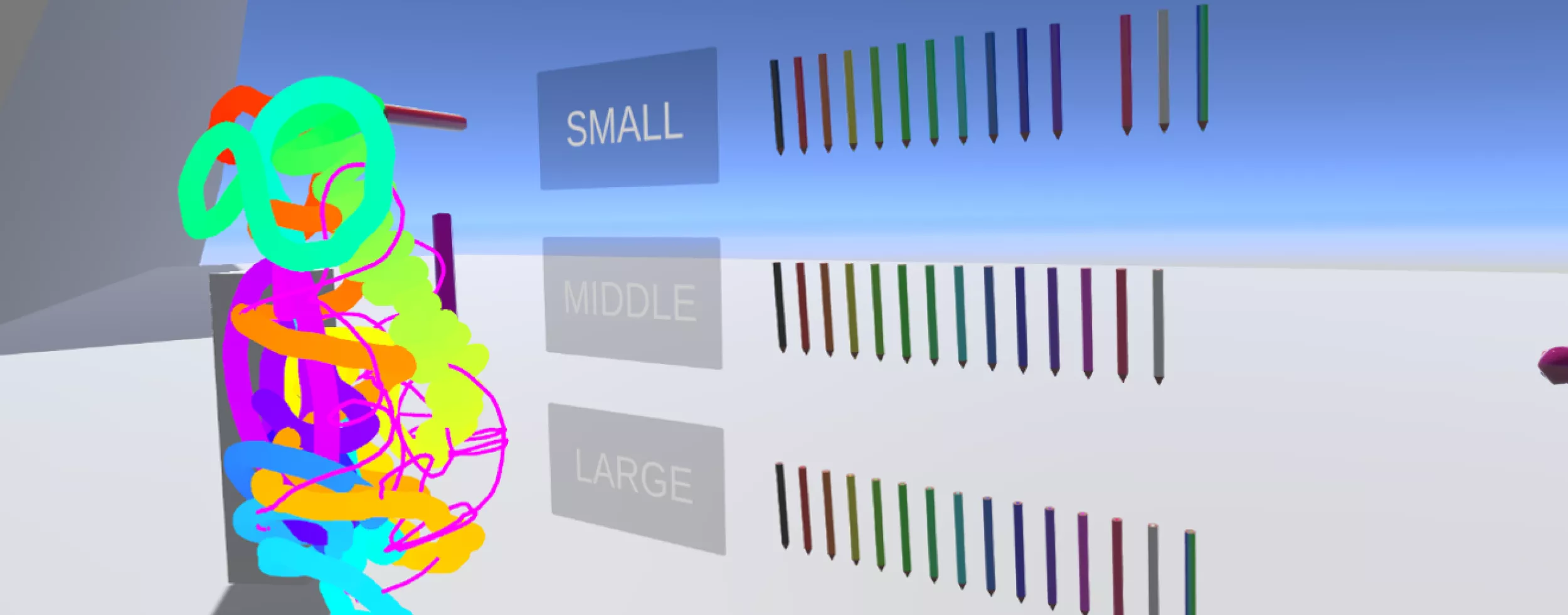 Bunte 3D-Zeichnung in einem virtuellen Raum und Bleistifte in verschiedenen Farben. 