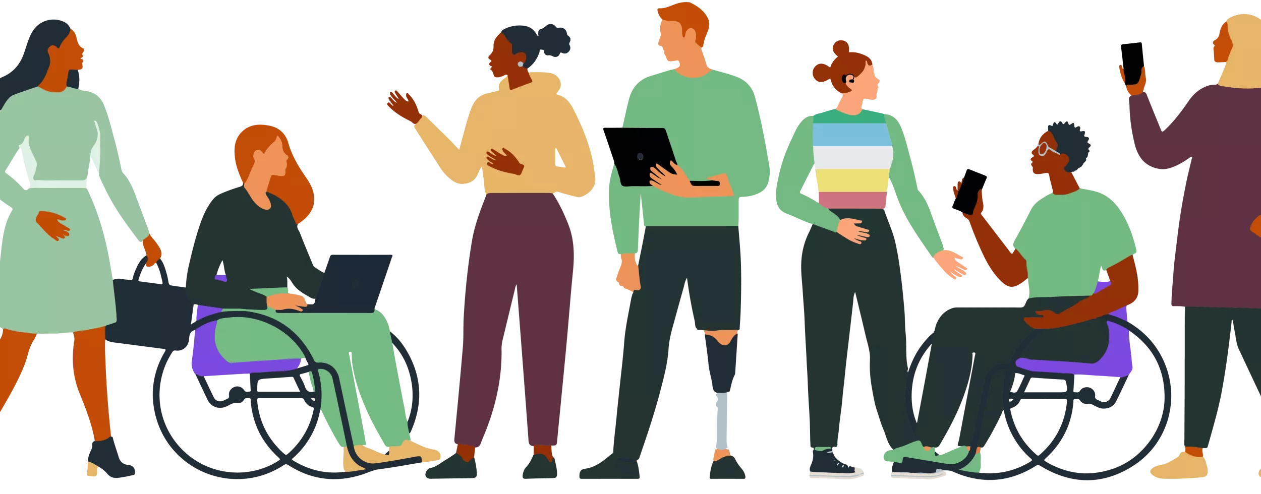 Eine Illustration von 11 Personen, die miteinander kommunizieren. Zwei Personen nutzen einen Rollstuhl. Eine Person nutzt eine Beinprothese. Eine Person gebärdet.