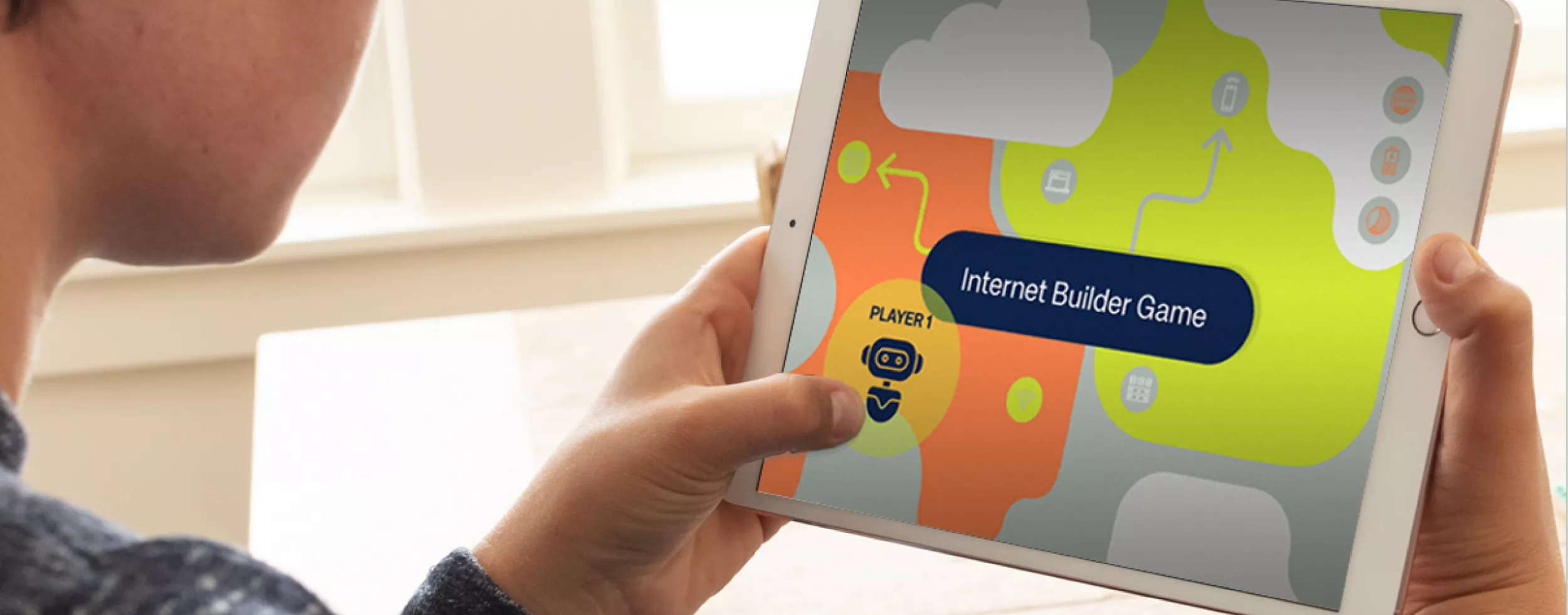 Das Spiel Internet Builder auf einem Tablet dargestellt.