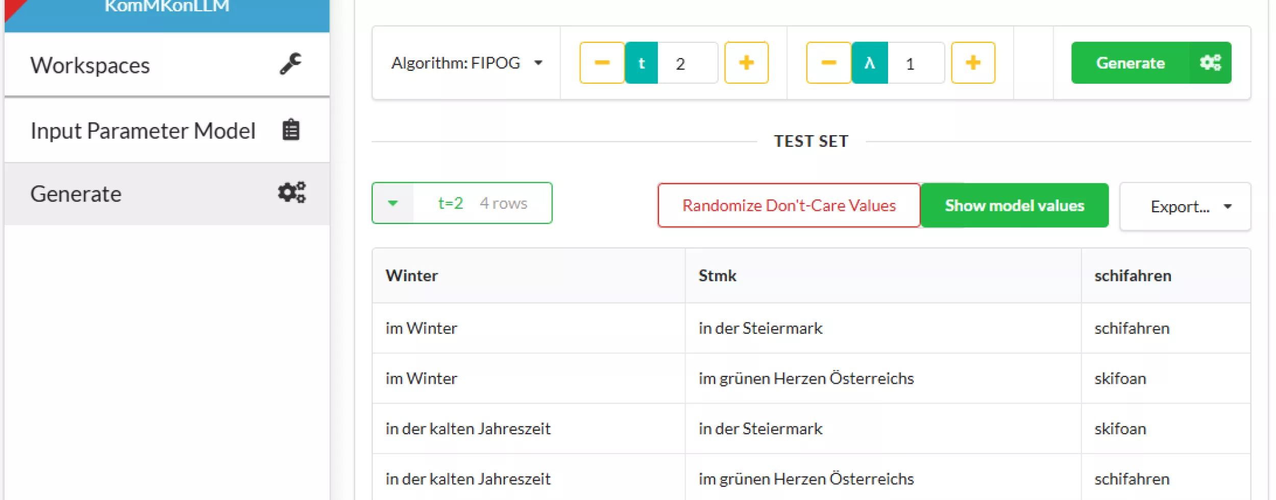 This image shows a screenshot of the generated pairwise test set for the sentence model used in this blog post by the web version of CAgen. 
