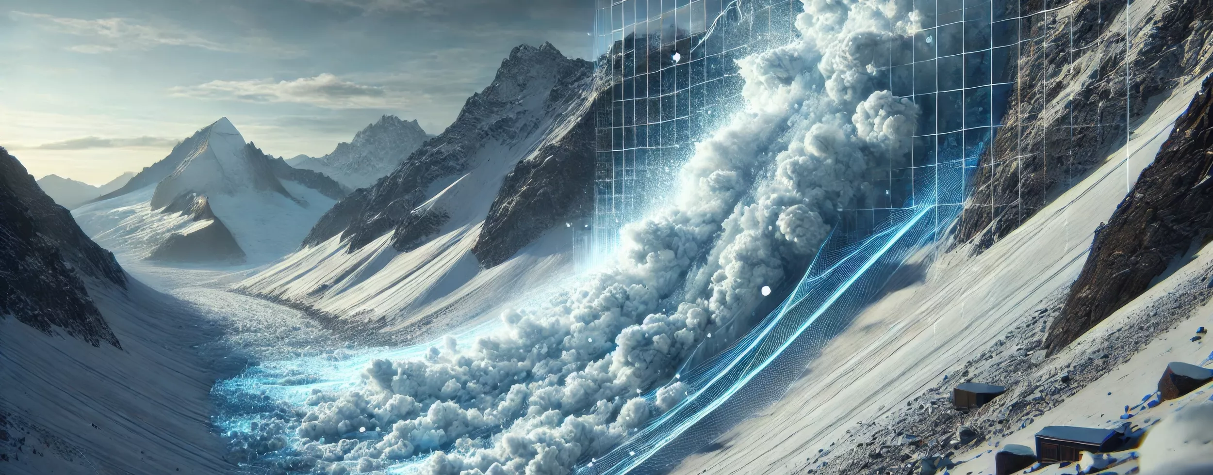 AI erzeugtes Sinnbild für eine Lawine im Alpenbereich. Kein Produktscreenshot!