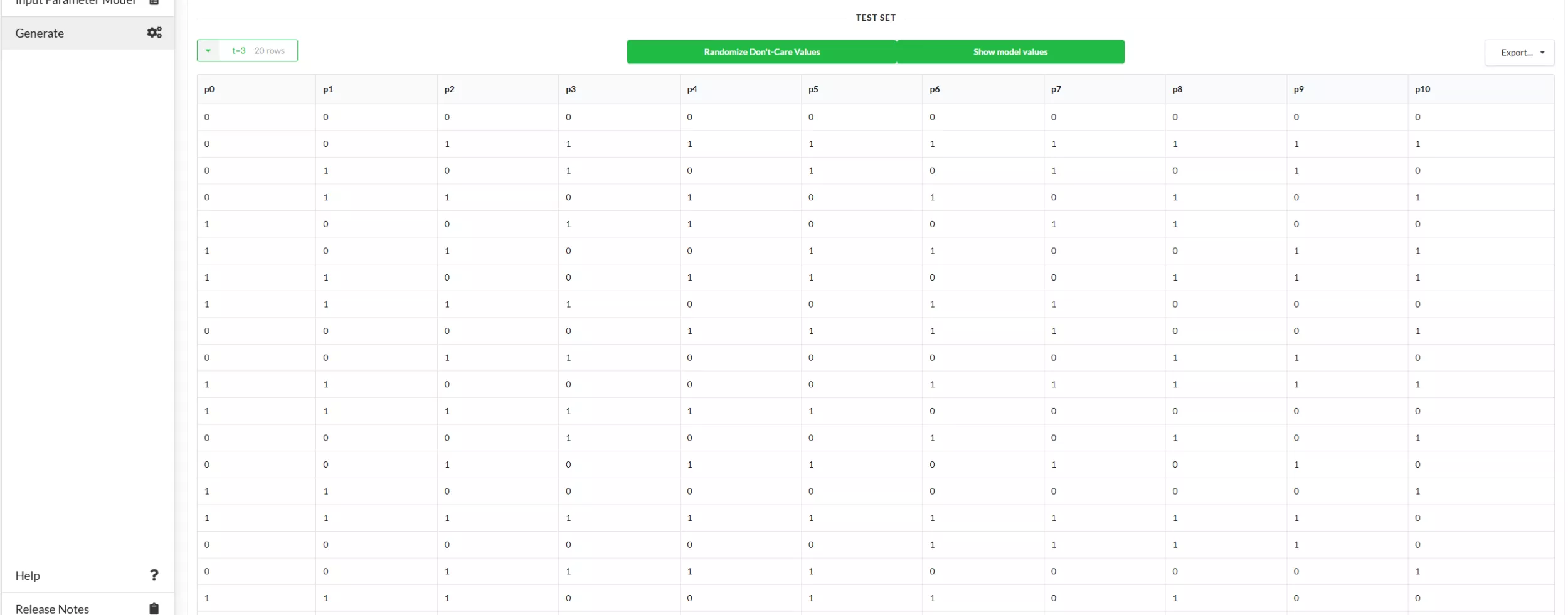 This picture shows a Covering Array in the web-version of CAgen.