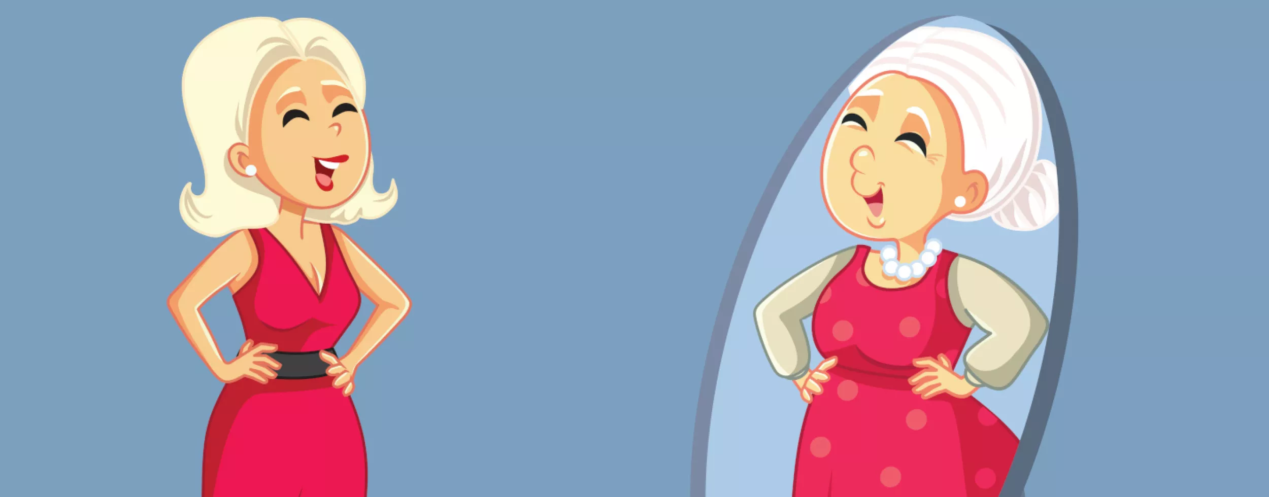 Frau vor intelligentem Spiegel, der ihr gealtertes Spiegelbild zeigt.