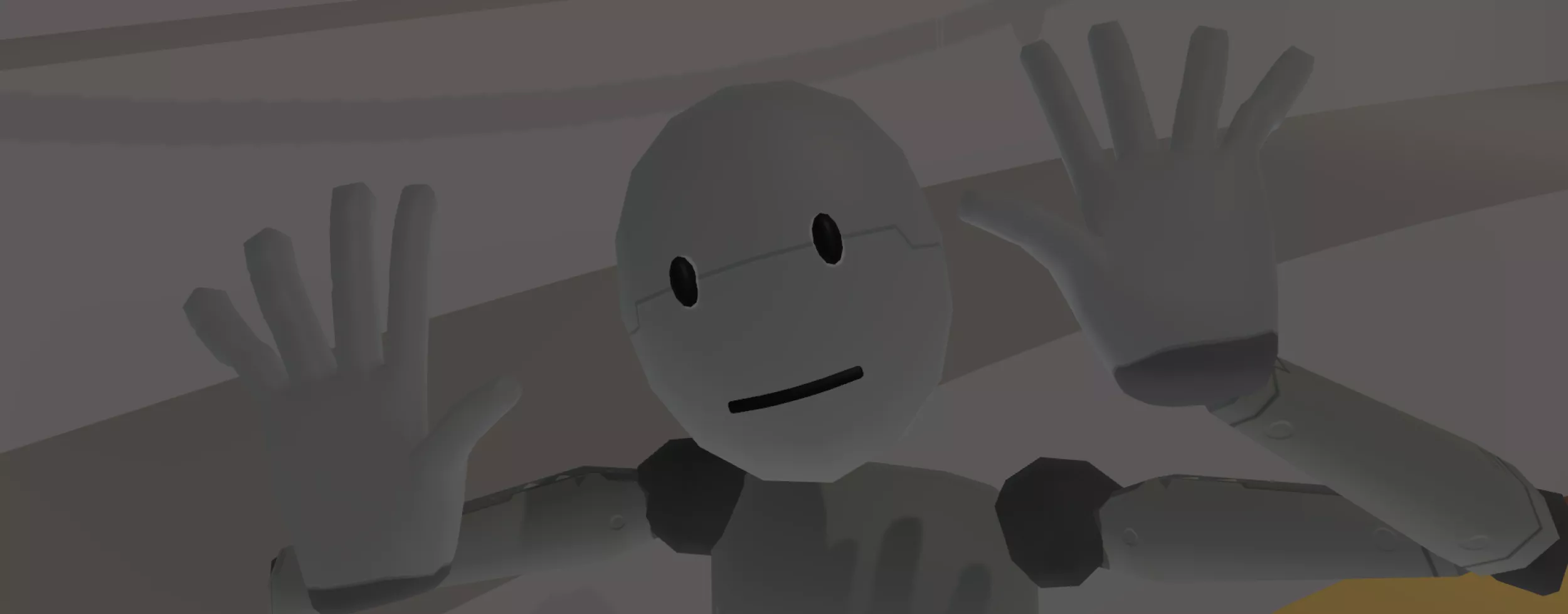 A friendly-looking humanoid robot with a simple face, featuring two black oval eyes and a small smile. The robot has its hands raised in front of it, palms facing outward, as if waving. The background is abstract and softly lit.