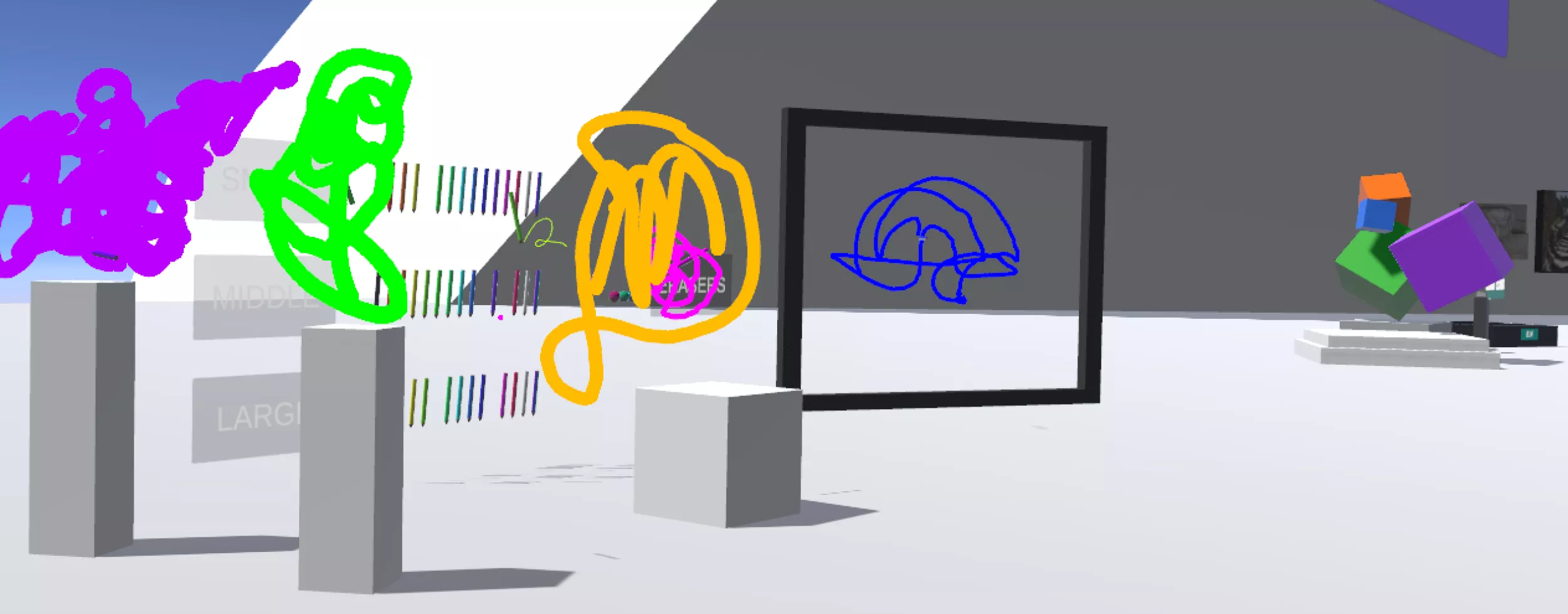 Virtual art gallery with colorful 3D scribbles on pedestals, a framed digital drawing, and geometric sculptures in a minimalistic environment.