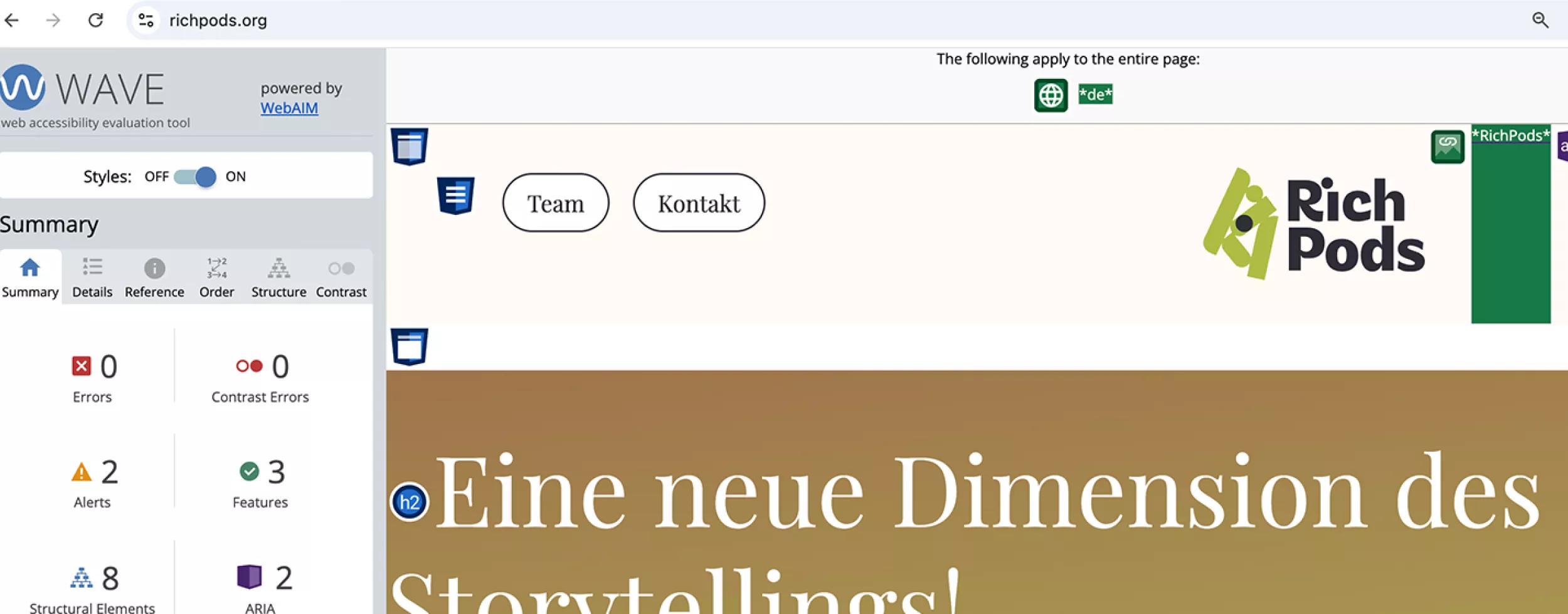 Screenshot vom WAVE-Browsertool für richpods.org