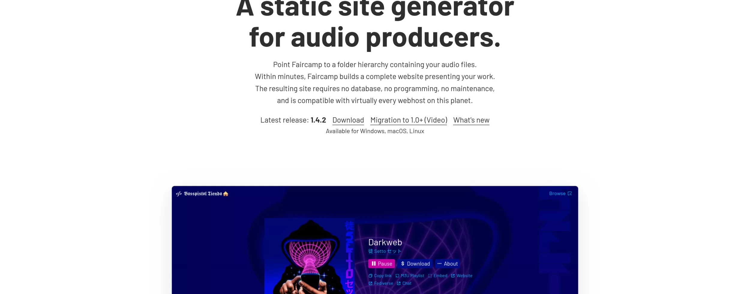 Screenshot der Faircamp Website. Prominent angezeigte Überschrift: "A static site generator for audio producers"