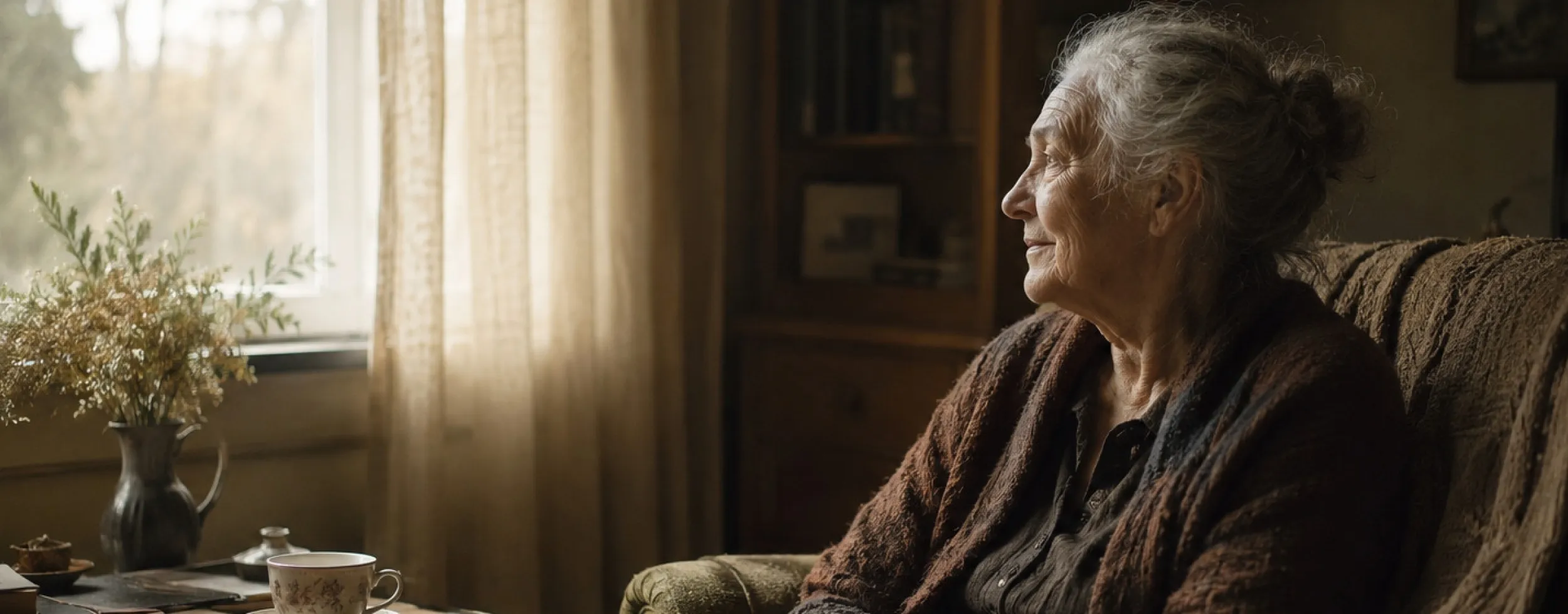 old women, sitting quietly by a large window in a softly lit living room , KI generated